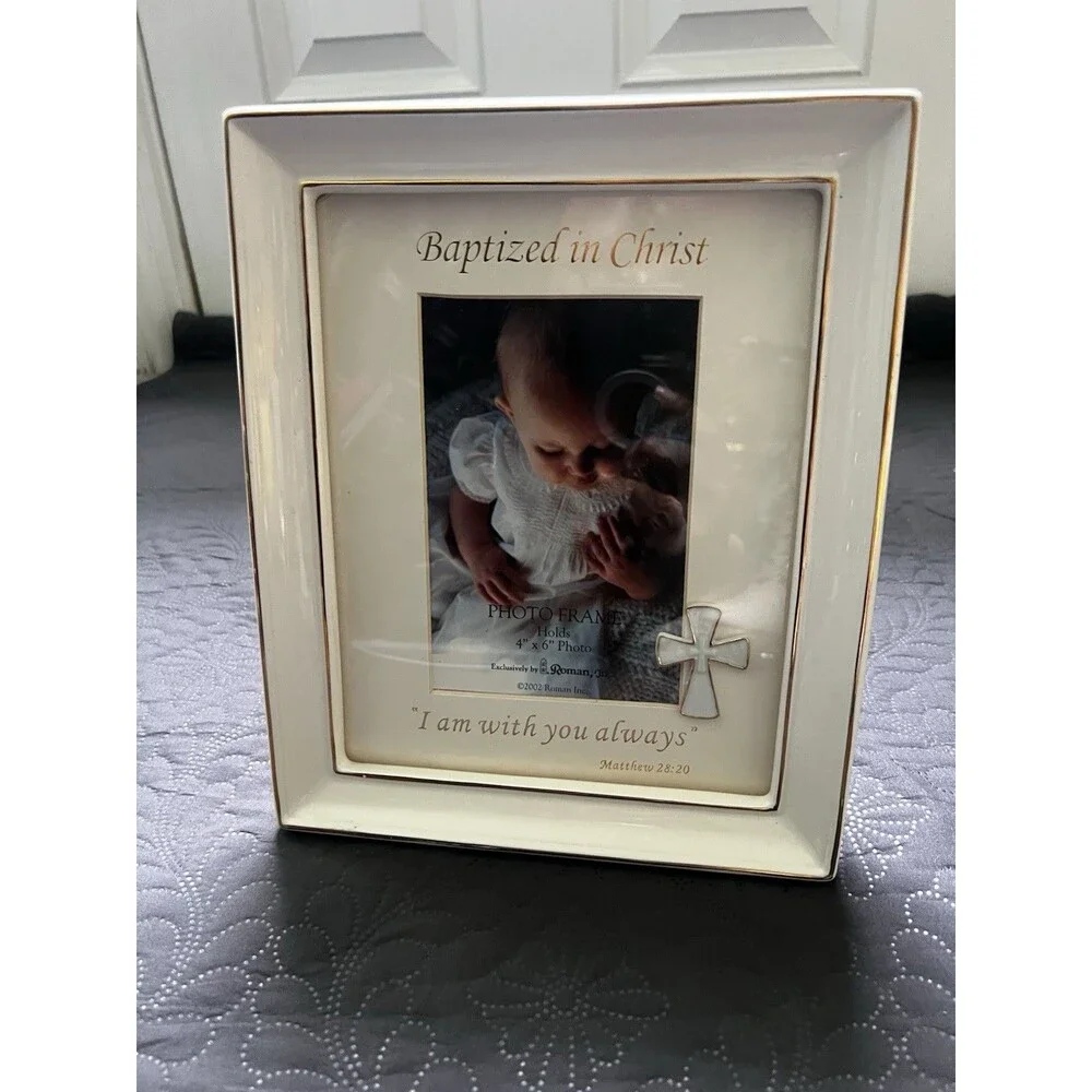 Baptized In Christ, Roman Inc. 2002 Cream & Gold Ceramic Picture Frame Deco READ